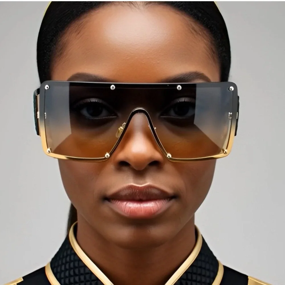 Womens Large Exaggerated Thick Metal Plastic‎ Mod Fashion Rectangle Sunglasses